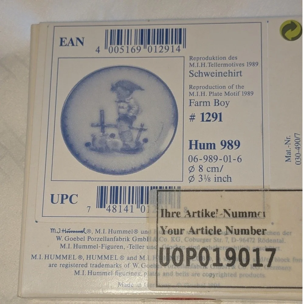 Goebel Hummel‎ Farm Boy Miniature Plate 1989 Motif Hum 989 Germany 3.125in